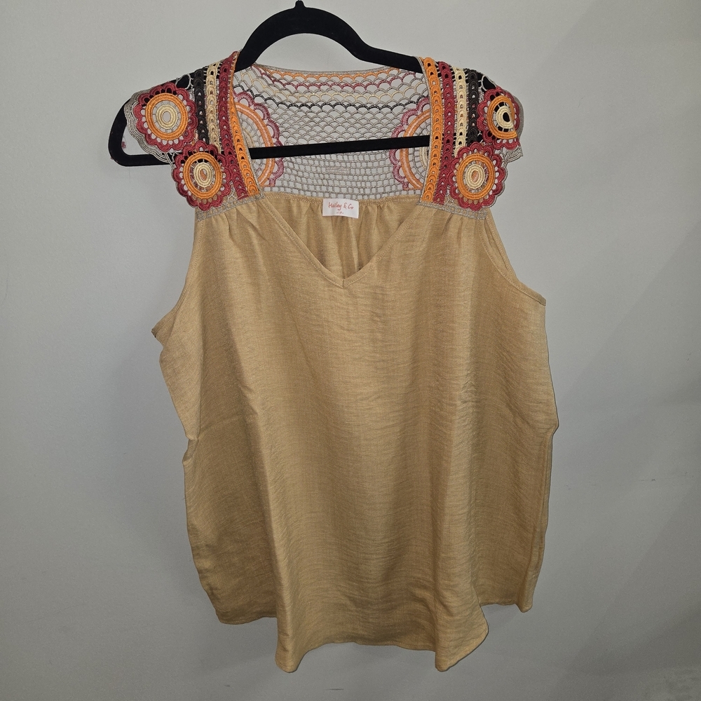 Boho Embroidered Sleeveless Top Mustard Tan Floral Crochet Linen Blouse Plus